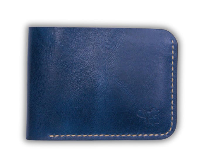 Handmade Blue Leather Bifold Wallet: Full Grain Slim Design