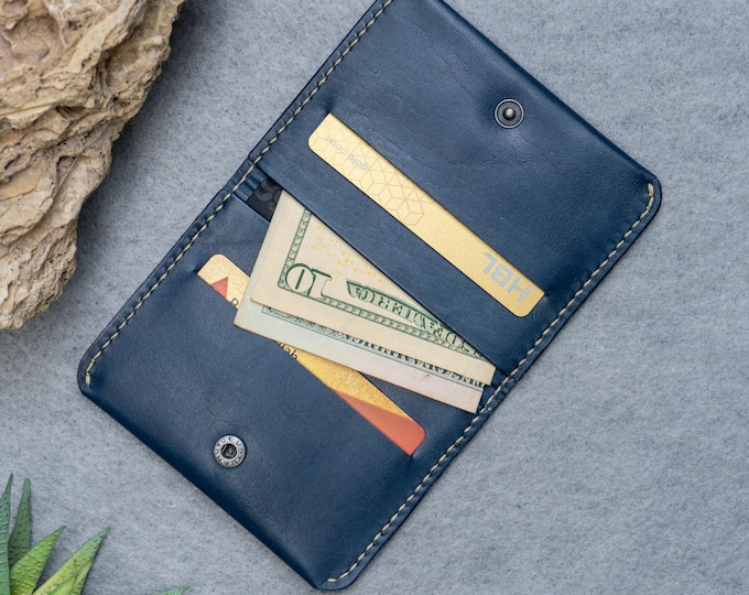 Pure Leather Handmade Slim Ever Card Wallet (Blue color) with button