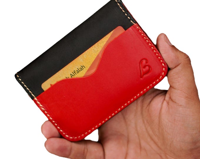 Handmade Full Grain Leather Bifold Wallet: Black & Red, Slim Design