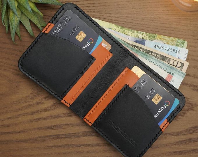 Handmade Leather Bifold Wallet, Ocean Black & Tan, Full Grain