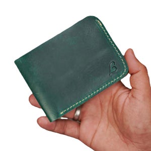 Handmade Full Grain Green Leather Bifold Wallet: Slim Minimalist Design