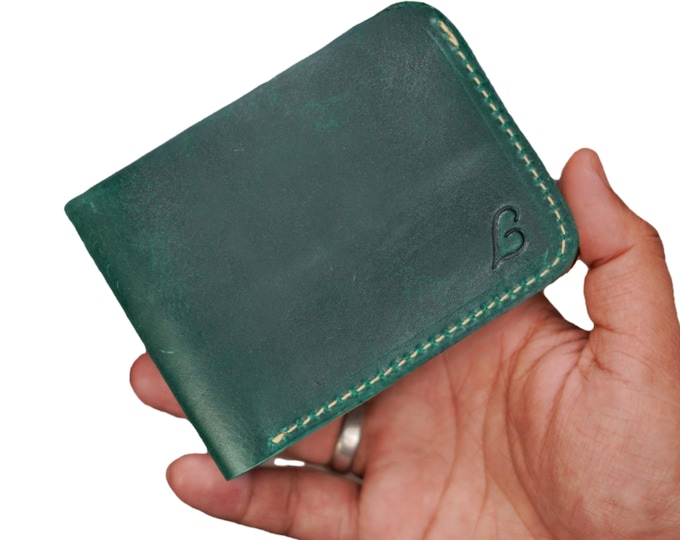 Handmade Full Grain Green Leather Bifold Wallet: Slim Minimalist Design