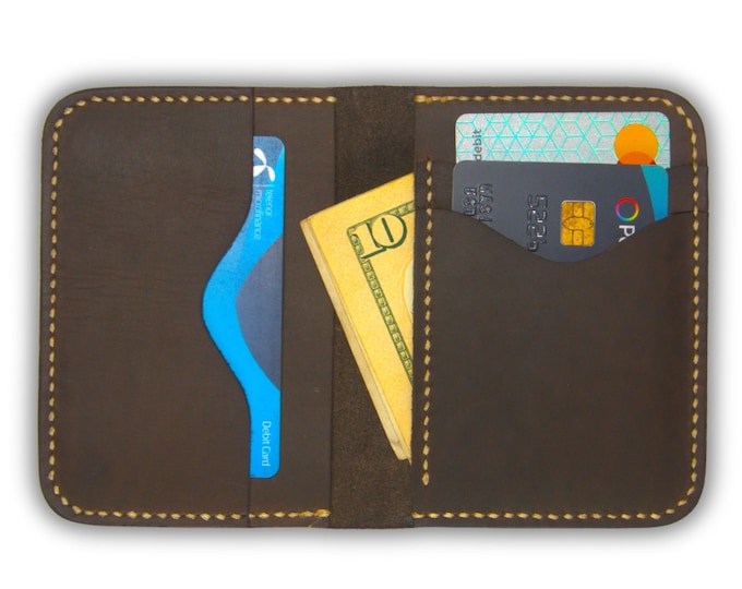 Handmade Full Grain Leather Bifold Wallet: Slim Brown Card Holder