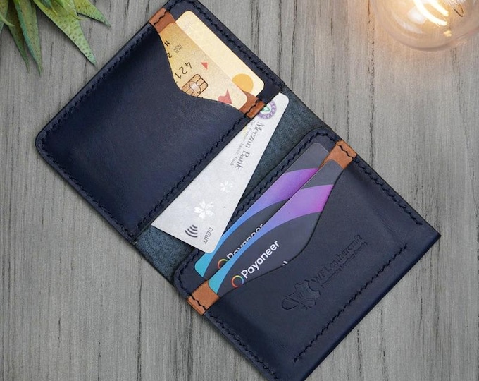 Handmade Blue Full Grain Leather Bifold Wallet, Slim Minimalist Design