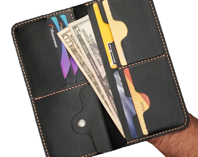 Handmade Full Grain Leather Bifold Long Wallet: Slim Black Design