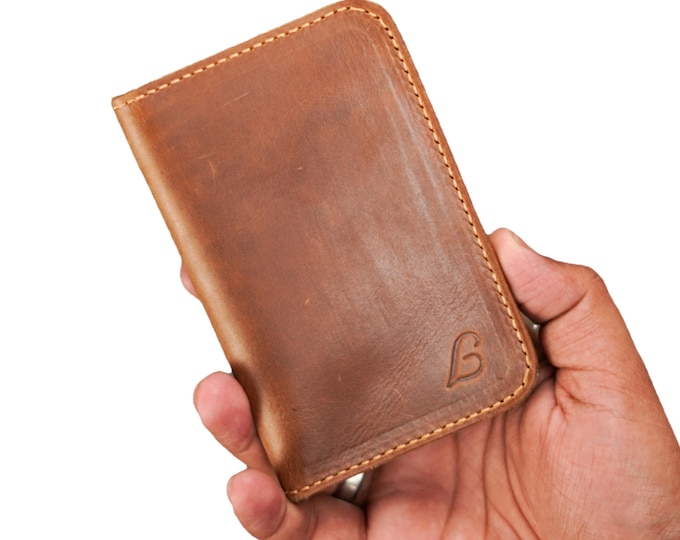 Tan Handmade Full Grain Leather Bifold Wallet: Slim Vertical Design