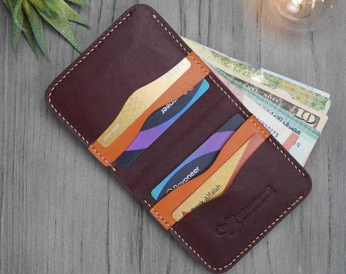 Handmade Full Grain Leather Bifold Wallet: Burgundy & Tan, Slim Design
