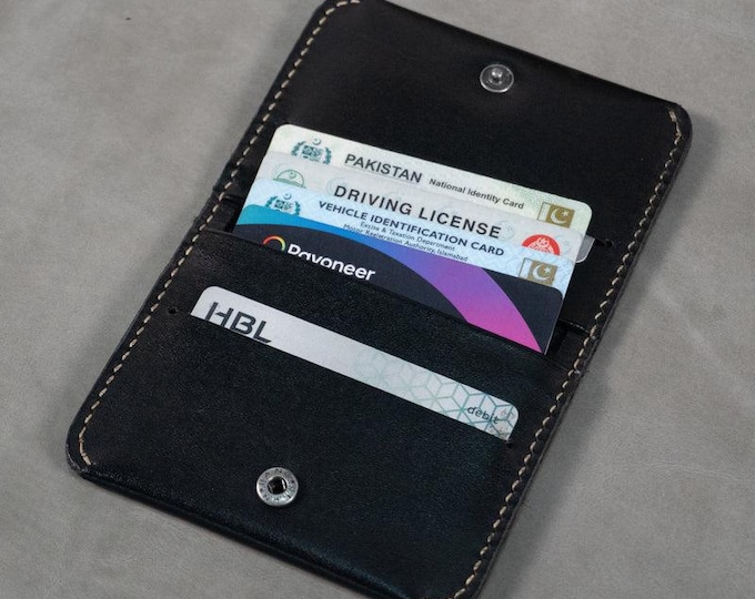 Handmade Full Grain Leather Bifold Wallet, Slim Black Card Holder