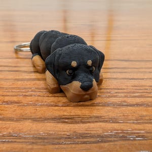 May include: A black and brown 3D printed Rottweiler dog keychain. The dog is lying down with its head turned to the side.