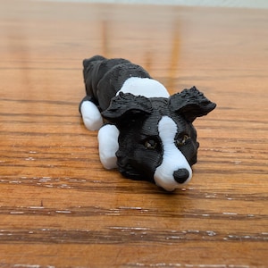 May include: A black and white 3D printed figurine of a border collie dog lying down with its head resting on the ground. The dog has a white patch on its chest and white markings on its face.