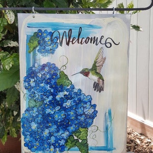 Hummingbird welcome hand painted garden sign