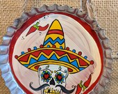 Sugar skull sombrero chili peppers hand painted tin sign