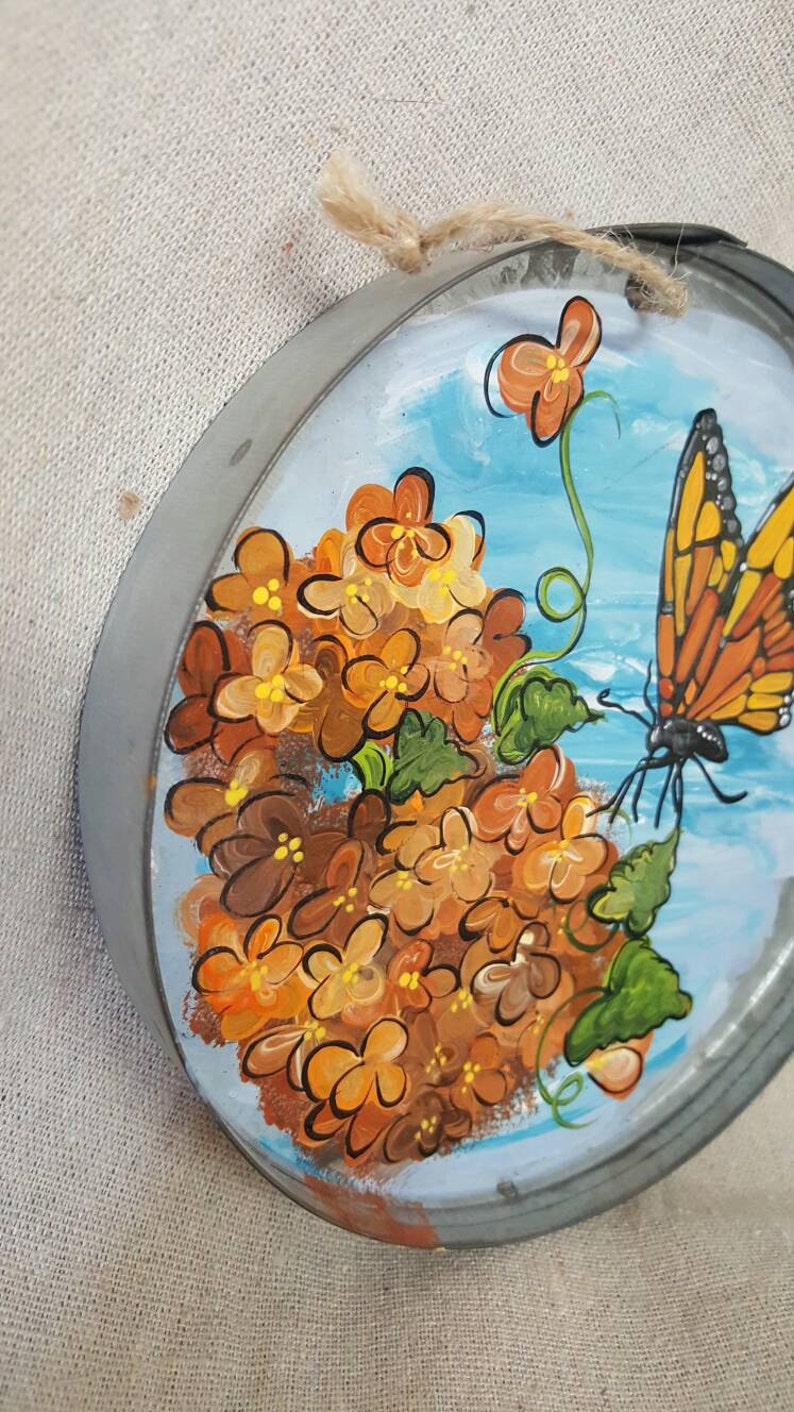 Tin sign hand painted Butterfly and Hydrangea flowers