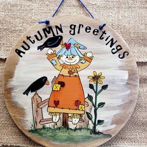 Scarecrow crows sunflower wooden sign greeting hand painted