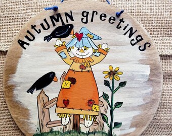 Scarecrow crows sunflower wooden sign greeting hand painted