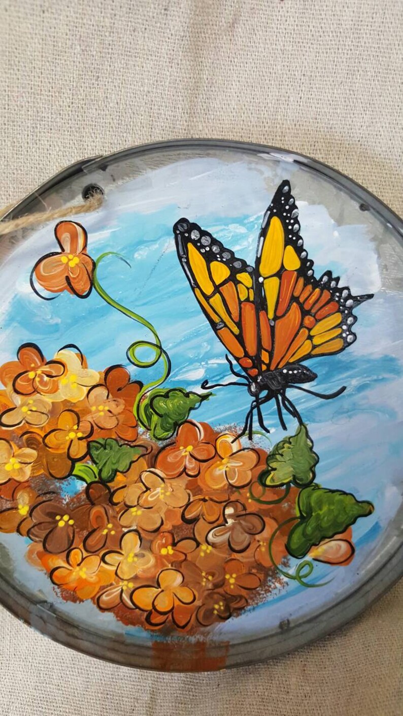Tin sign hand painted Butterfly and Hydrangea flowers