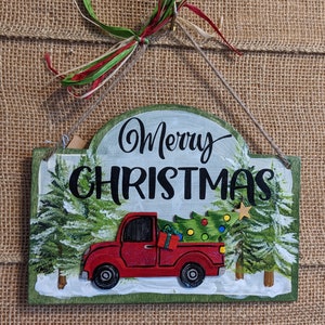 Merry Christmas farmhouse red truck hand painted sign