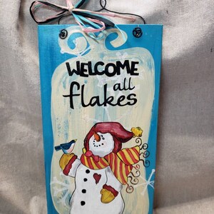 Welcome snowman flakes hand painted wooden sign