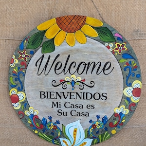 Welcome Bienvenidos Talavera style large wooden circle