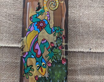 Lizard cactus desert hand painted wood plaque