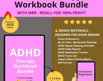 Può includere: Grafica rosa e marrone che promuove un pacchetto di quaderni di lavoro per la terapia ADHD. Il testo include "WITH MRR - RESELL FOR 100% PROFIT" e "BONUS MATERIALS - DESIGNED FOR ADHD BRAINS". L'immagine mostra anche un tablet con "Emotional Regulation".