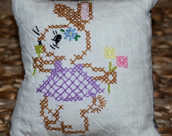 Sweet Vintage Handmade Embroidered Quilted Pillow Easter, Easter Basket Filler, Bunny, Bunnies, Rabbit I
