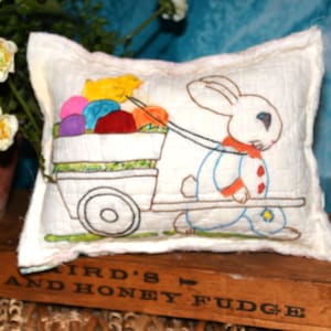 Vintage Cutter Quilt Feedsack Patchwork Bowl Ornie Pillow Handmade Bunny Rabbit Chicks Embroidered Small Pillow