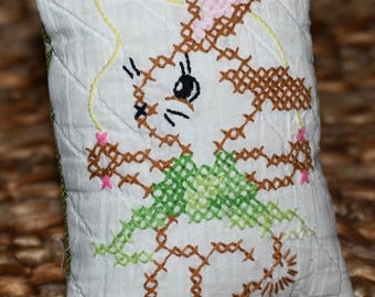 Sweet Vintage Handmade Embroidered Quilted Pillow Easter, Easter Basket Filler, Bunny, Bunnies, Rabbit G