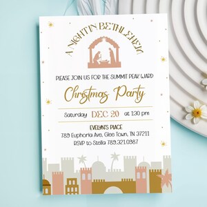 Invitación a la fiesta de Navidad del Barrio de los Santos de los Últimos Días, invitación de Navidad de los Santos de los Últimos Días, fiesta de la Iglesia, fiesta de la Sociedad de Socorro, invitación de Navidad de la Natividad