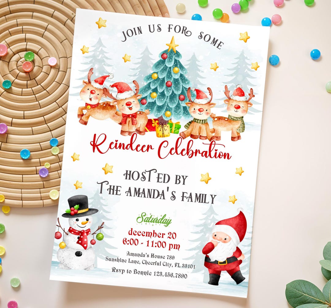 Printable Reideer Invitation, Rudolph Birthday Invite, Editable Xmas