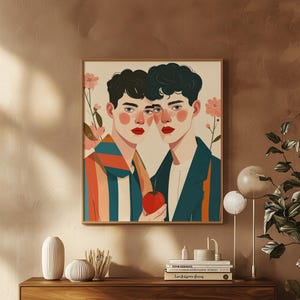 Gay Couple Art Print — Two Men with Apple — Queer Illustration — Instant Digital Download Wall Art