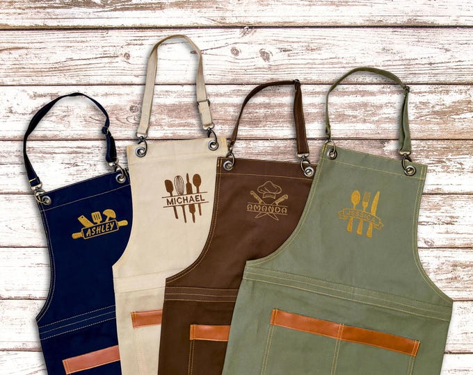 Personalized Canvas Chef Apron with Pockets | Embroidered Kitchen Wear for Restaurants & Home Cooking, Personalized Embroidered Apron