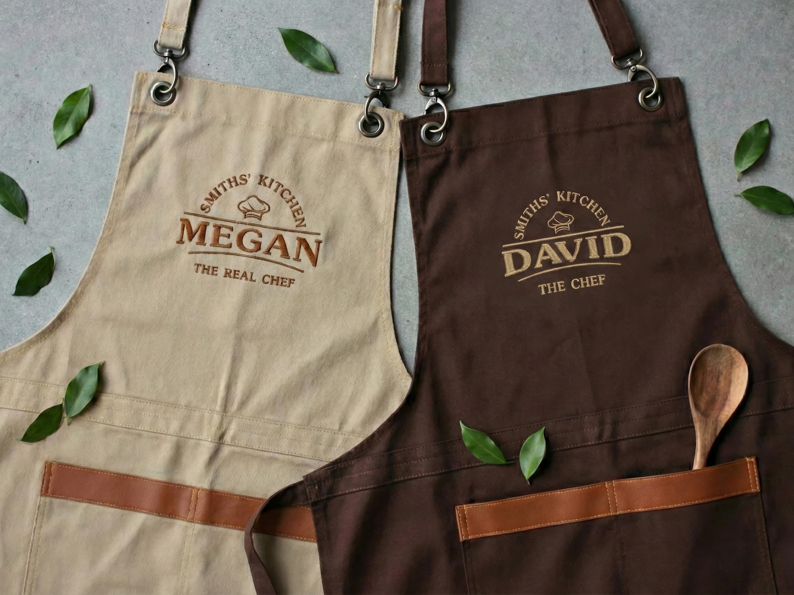 Personalized Embroidered Apron Set, Cotton Canvas, Mr and Mrs Gift, Wedding Gift - Beige, Khaki Green
