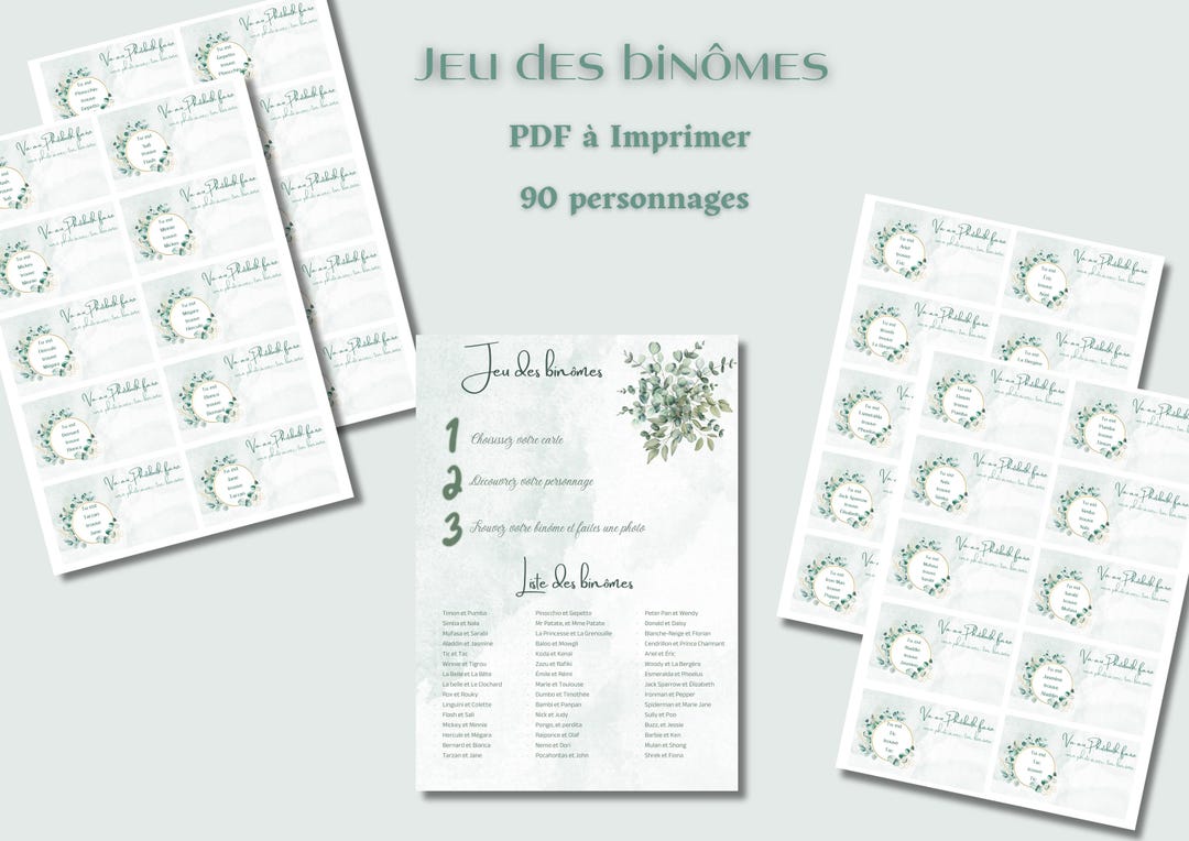 Jeu de binômes à imprimer, carte jeu des binômes pdf, jeu en duo, jeu