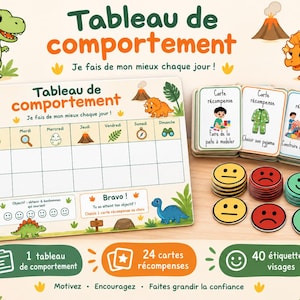 Peut inclure: Un tableau de comportement sur le thème des dinosaures avec une grille pour les jours de la semaine, des cases matin et après-midi, et le texte "Tableau de comportement". Inclut 24 cartes récompenses illustrées et 40 jetons visages ronds.