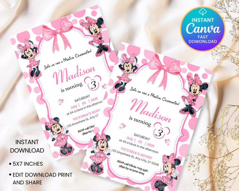 Editable Pink Minnie Mouse Birthday Invitation, Watercolor Girls ...