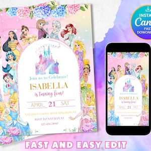 Watercolor Princess Birthday Invitation, Princess Invitation, Princess Party Invitation, Girl Princesses Invite, Gold Pastel, Editable Canva