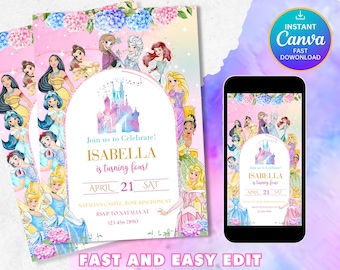 Convite de aniversário de princesa aquarela, convite de princesa, convite para festa de princesa, convite para princesas, pastel dourado, Canva editável