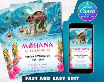 Editable Moana Birthday Invitation | Kids Theme Party Invitation Template | Digital Hawaiian Moana Birthday Invite | Instant Download