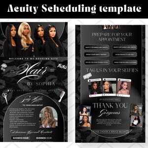 May include: Acuity Scheduling template featuring a black and white design for a hair salon. The template includes images of women with various hairstyles, salon services, and contact information. Text includes "Hair by Sophia" and "Prepare for your appointment."