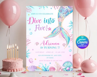Dive into Five Mermaid Purple Teal 5th Mermaid Birthday Invitation, Little Mermaid Invite, Mermaid Invites, Editable Canva BS2401
