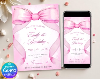 Modèle d'invitation d'anniversaire coquette rose, noeud rose d'invitation, faire-part d'anniversaire ruban, noeud rose coquette invite DDN-001