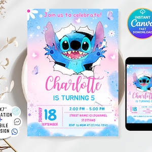 Stitch Birthday Party Invitation Template | Editable Cartoon Bday Evite & Fun Canva Design for Kids Party, Instant Download