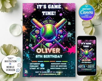 Baseball Ice Cream Drip Birthday Invitation, Baseball Ice Cream Neon Party, Baseball Drip Invite, Ice Cream Drip Invite, Digital Download