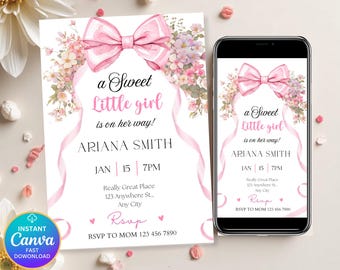Modello di invito per baby shower con fiocco rosa, invito modificabile per baby shower con fiocco per bambina, invito per baby shower con fiocco floreale per bambina