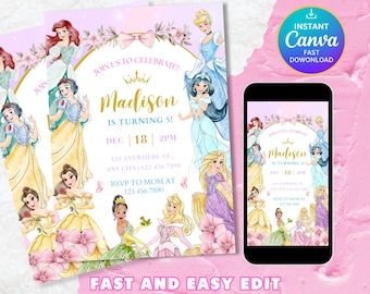 May include: A printable invitation for a birthday party featuring Disney princesses. The invitation is pink and purple with a gold crown and the text "Join us to celebrate! Madison is turning 5! Dec 18 2PM 123 Anywhere St... Any City +123 456 7890 RSVP to Mom at 123 456 7890".