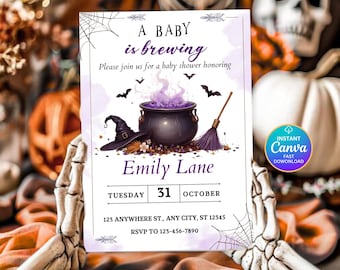 May include: A Halloween-themed baby shower invitation with the text "A Baby is Brewing." The design includes a cauldron with purple smoke, a witch's hat, and a broom. The invitation is for Emily Lane, with the date of October 31.