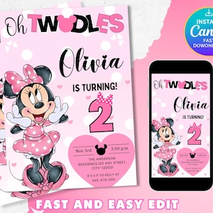 EDITABLE Oh TWOdles Minnie Mouse Birthday Invitation, 2nd Bday, second birthday, 2 year old, light pink polka dot, Oh toodles