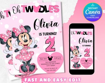 EDITABLE Oh TWOdles Minnie Mouse Birthday Invitation, 2nd Bday, second birthday, 2 year old, light pink polka dot, Oh toodles
