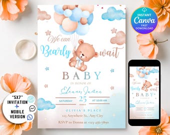 Editable Brown Bear Balloon Baby Shower Invitation, Blue Boy Boho Bear Baby Shower, We Can Bearly Wait Baby Shower Invite, DDN